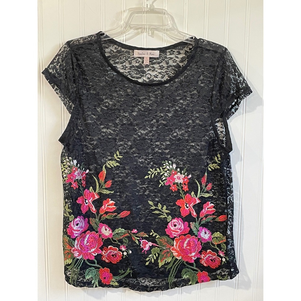 Harlow‎ & Rose Large Top Black Sheer Lace Embroidered Blouse Dark Romantic Goth
